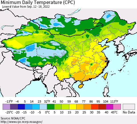 China, Mongolia and Taiwan Minimum Daily Temperature (CPC) Thematic Map For 9/12/2022 - 9/18/2022