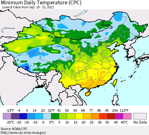China, Mongolia and Taiwan Minimum Daily Temperature (CPC) Thematic Map For 9/19/2022 - 9/25/2022