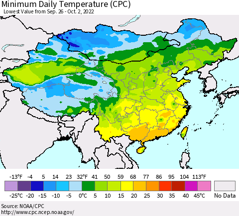 China, Mongolia and Taiwan Minimum Daily Temperature (CPC) Thematic Map For 9/26/2022 - 10/2/2022