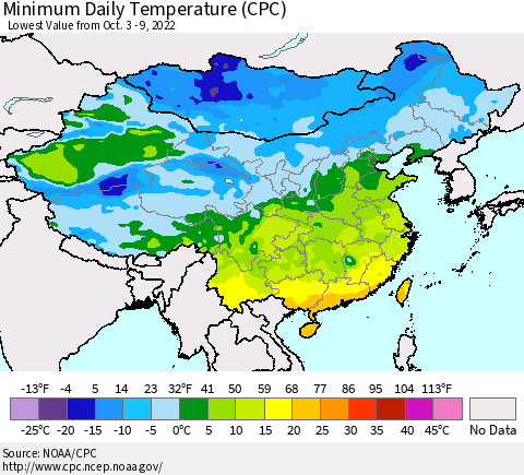 China, Mongolia and Taiwan Minimum Daily Temperature (CPC) Thematic Map For 10/3/2022 - 10/9/2022