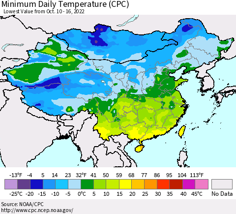China, Mongolia and Taiwan Minimum Daily Temperature (CPC) Thematic Map For 10/10/2022 - 10/16/2022