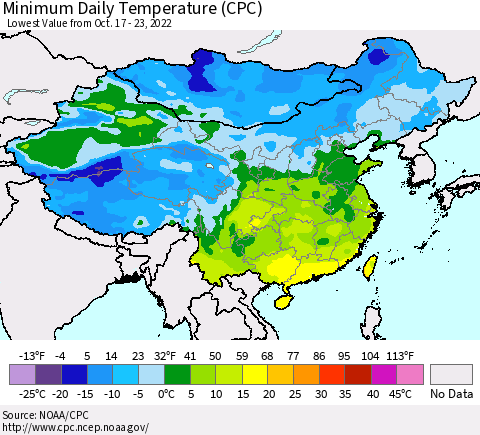 China, Mongolia and Taiwan Minimum Daily Temperature (CPC) Thematic Map For 10/17/2022 - 10/23/2022