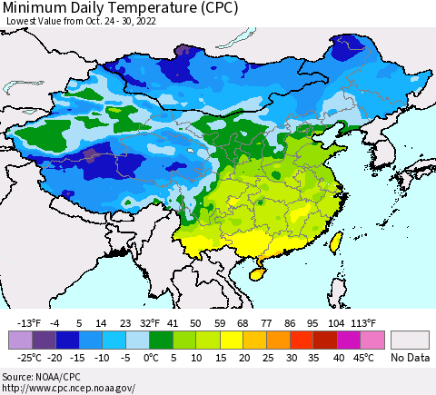 China, Mongolia and Taiwan Minimum Daily Temperature (CPC) Thematic Map For 10/24/2022 - 10/30/2022