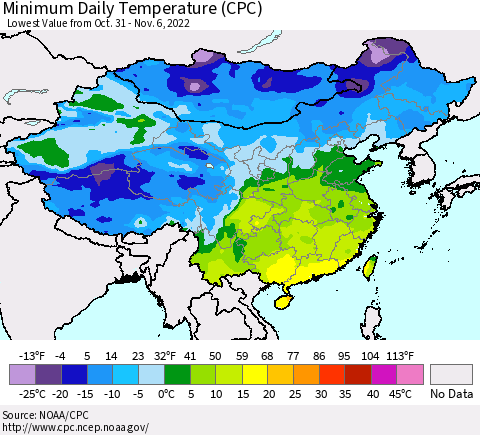 China, Mongolia and Taiwan Minimum Daily Temperature (CPC) Thematic Map For 10/31/2022 - 11/6/2022