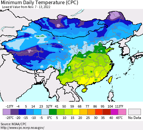China, Mongolia and Taiwan Minimum Daily Temperature (CPC) Thematic Map For 11/7/2022 - 11/13/2022