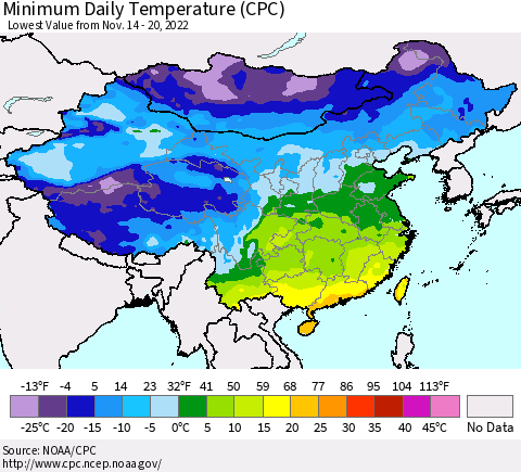 China, Mongolia and Taiwan Minimum Daily Temperature (CPC) Thematic Map For 11/14/2022 - 11/20/2022