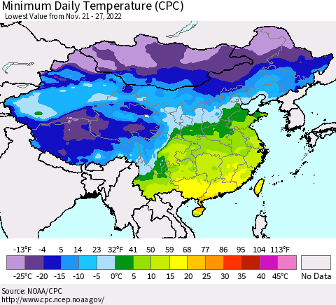 China, Mongolia and Taiwan Minimum Daily Temperature (CPC) Thematic Map For 11/21/2022 - 11/27/2022