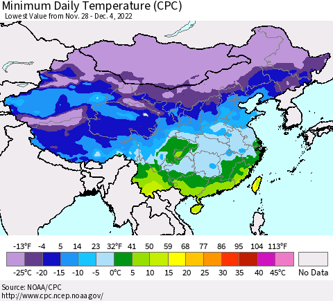 China, Mongolia and Taiwan Minimum Daily Temperature (CPC) Thematic Map For 11/28/2022 - 12/4/2022