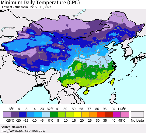 China, Mongolia and Taiwan Minimum Daily Temperature (CPC) Thematic Map For 12/5/2022 - 12/11/2022
