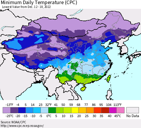 China, Mongolia and Taiwan Minimum Daily Temperature (CPC) Thematic Map For 12/12/2022 - 12/18/2022