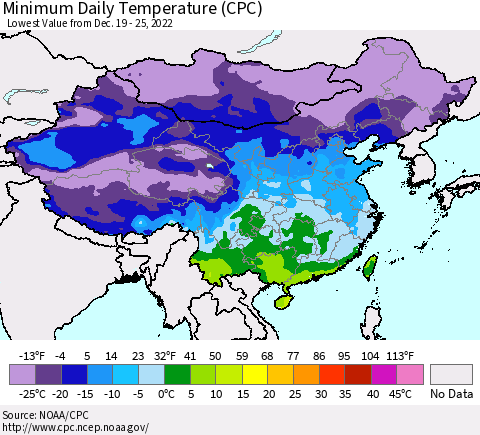 China, Mongolia and Taiwan Minimum Daily Temperature (CPC) Thematic Map For 12/19/2022 - 12/25/2022