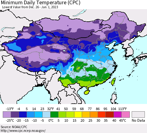 China, Mongolia and Taiwan Minimum Daily Temperature (CPC) Thematic Map For 12/26/2022 - 1/1/2023