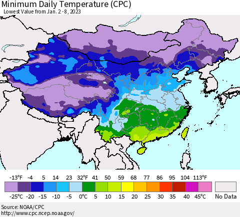 China, Mongolia and Taiwan Minimum Daily Temperature (CPC) Thematic Map For 1/2/2023 - 1/8/2023