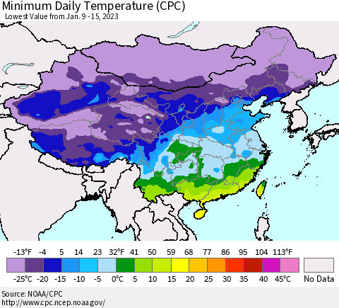 China, Mongolia and Taiwan Minimum Daily Temperature (CPC) Thematic Map For 1/9/2023 - 1/15/2023