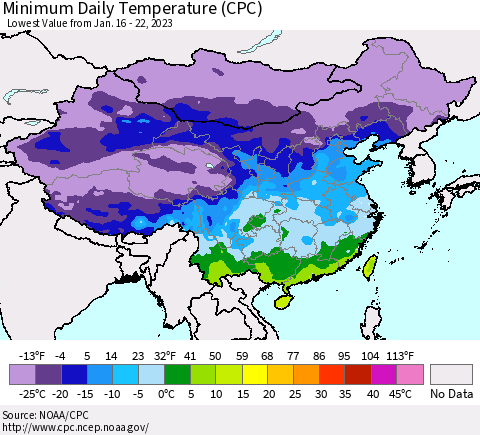 China, Mongolia and Taiwan Minimum Daily Temperature (CPC) Thematic Map For 1/16/2023 - 1/22/2023