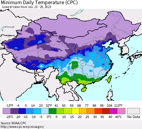 China, Mongolia and Taiwan Minimum Daily Temperature (CPC) Thematic Map For 1/23/2023 - 1/29/2023