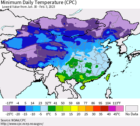 China, Mongolia and Taiwan Minimum Daily Temperature (CPC) Thematic Map For 1/30/2023 - 2/5/2023