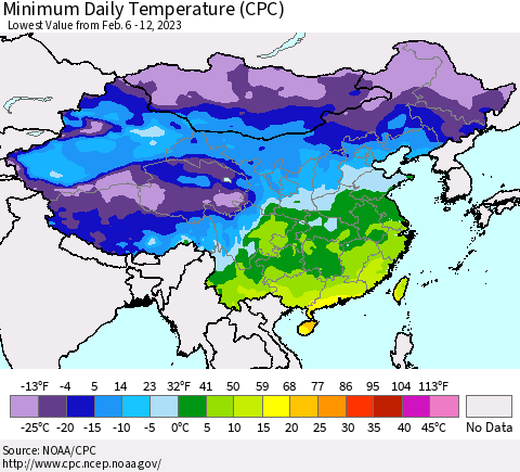 China, Mongolia and Taiwan Minimum Daily Temperature (CPC) Thematic Map For 2/6/2023 - 2/12/2023