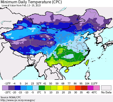China, Mongolia and Taiwan Minimum Daily Temperature (CPC) Thematic Map For 2/13/2023 - 2/19/2023