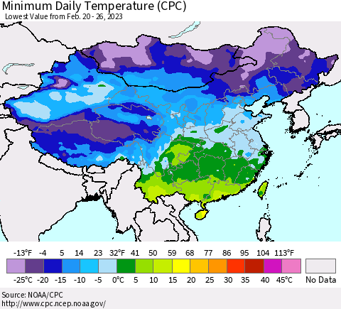 China, Mongolia and Taiwan Minimum Daily Temperature (CPC) Thematic Map For 2/20/2023 - 2/26/2023
