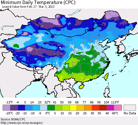 China, Mongolia and Taiwan Minimum Daily Temperature (CPC) Thematic Map For 2/27/2023 - 3/5/2023