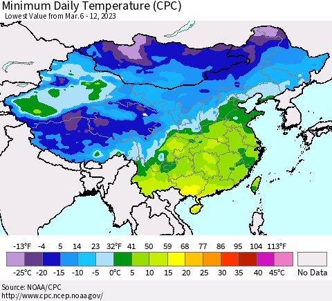 China, Mongolia and Taiwan Minimum Daily Temperature (CPC) Thematic Map For 3/6/2023 - 3/12/2023