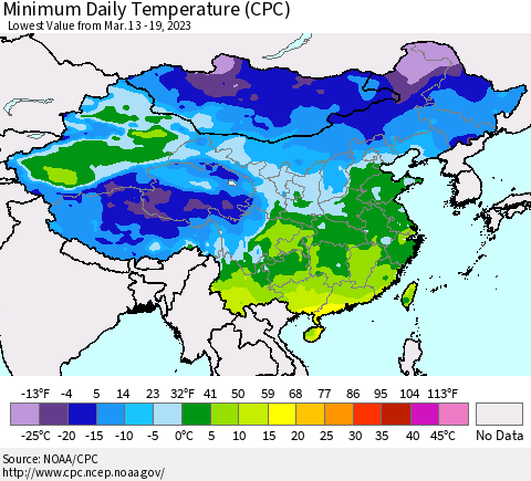 China, Mongolia and Taiwan Minimum Daily Temperature (CPC) Thematic Map For 3/13/2023 - 3/19/2023