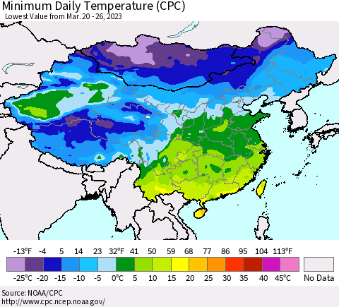 China, Mongolia and Taiwan Minimum Daily Temperature (CPC) Thematic Map For 3/20/2023 - 3/26/2023