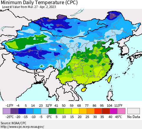China, Mongolia and Taiwan Minimum Daily Temperature (CPC) Thematic Map For 3/27/2023 - 4/2/2023