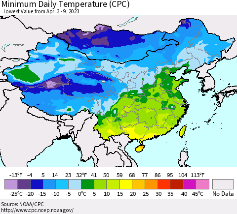 China, Mongolia and Taiwan Minimum Daily Temperature (CPC) Thematic Map For 4/3/2023 - 4/9/2023