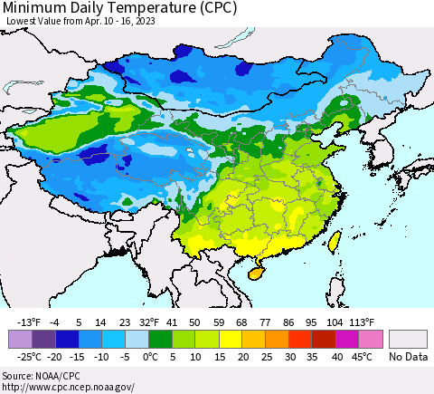 China, Mongolia and Taiwan Minimum Daily Temperature (CPC) Thematic Map For 4/10/2023 - 4/16/2023