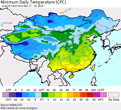 China, Mongolia and Taiwan Minimum Daily Temperature (CPC) Thematic Map For 4/17/2023 - 4/23/2023