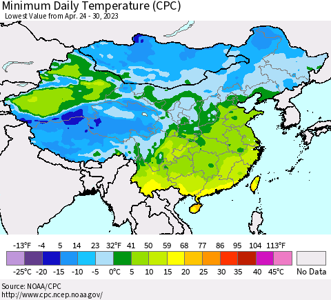 China, Mongolia and Taiwan Minimum Daily Temperature (CPC) Thematic Map For 4/24/2023 - 4/30/2023