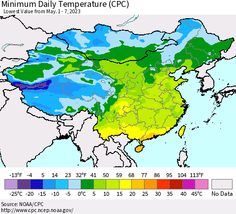 China, Mongolia and Taiwan Minimum Daily Temperature (CPC) Thematic Map For 5/1/2023 - 5/7/2023