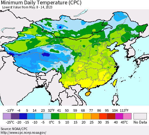 China, Mongolia and Taiwan Minimum Daily Temperature (CPC) Thematic Map For 5/8/2023 - 5/14/2023