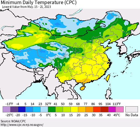 China, Mongolia and Taiwan Minimum Daily Temperature (CPC) Thematic Map For 5/15/2023 - 5/21/2023