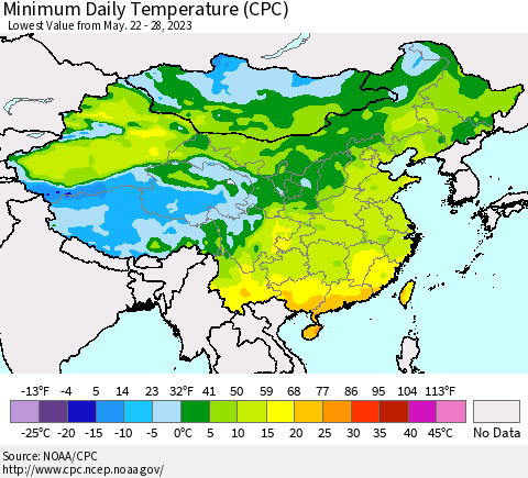 China, Mongolia and Taiwan Minimum Daily Temperature (CPC) Thematic Map For 5/22/2023 - 5/28/2023