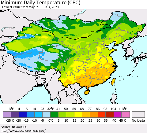 China, Mongolia and Taiwan Minimum Daily Temperature (CPC) Thematic Map For 5/29/2023 - 6/4/2023