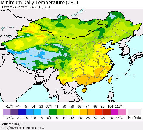 China, Mongolia and Taiwan Minimum Daily Temperature (CPC) Thematic Map For 6/5/2023 - 6/11/2023