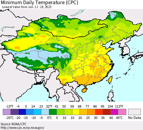 China, Mongolia and Taiwan Minimum Daily Temperature (CPC) Thematic Map For 6/12/2023 - 6/18/2023