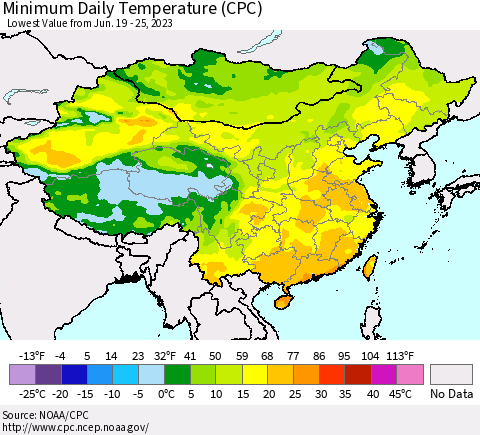 China, Mongolia and Taiwan Minimum Daily Temperature (CPC) Thematic Map For 6/19/2023 - 6/25/2023