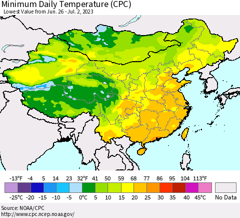 China, Mongolia and Taiwan Minimum Daily Temperature (CPC) Thematic Map For 6/26/2023 - 7/2/2023