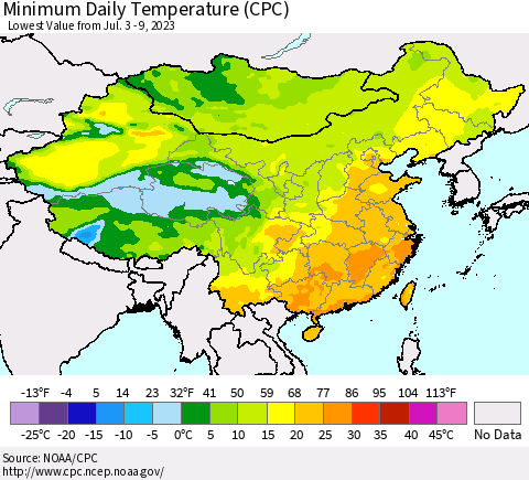 China, Mongolia and Taiwan Minimum Daily Temperature (CPC) Thematic Map For 7/3/2023 - 7/9/2023