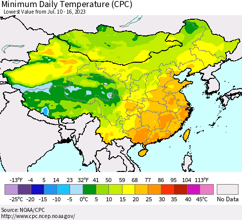 China, Mongolia and Taiwan Minimum Daily Temperature (CPC) Thematic Map For 7/10/2023 - 7/16/2023