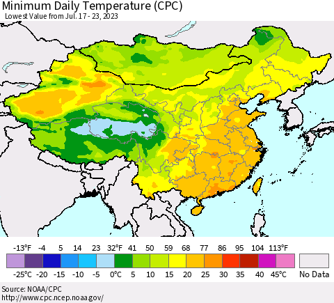 China, Mongolia and Taiwan Minimum Daily Temperature (CPC) Thematic Map For 7/17/2023 - 7/23/2023