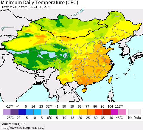 China, Mongolia and Taiwan Minimum Daily Temperature (CPC) Thematic Map For 7/24/2023 - 7/30/2023