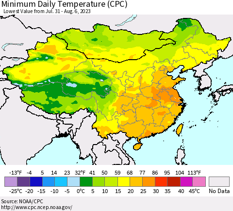 China, Mongolia and Taiwan Minimum Daily Temperature (CPC) Thematic Map For 7/31/2023 - 8/6/2023