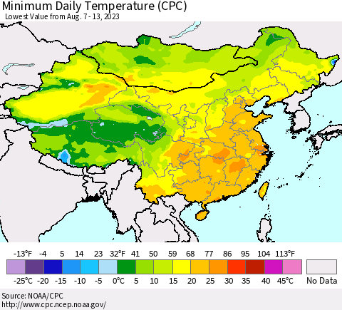 China, Mongolia and Taiwan Minimum Daily Temperature (CPC) Thematic Map For 8/7/2023 - 8/13/2023