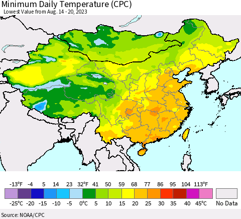 China, Mongolia and Taiwan Minimum Daily Temperature (CPC) Thematic Map For 8/14/2023 - 8/20/2023