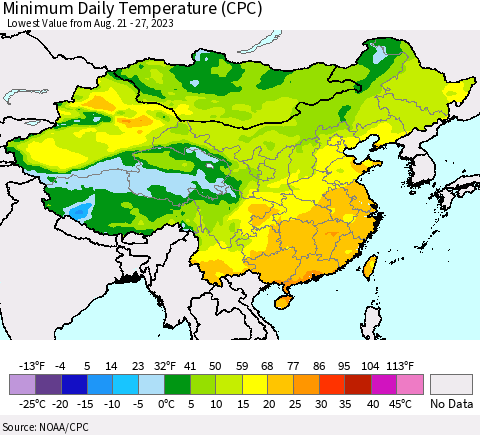 China, Mongolia and Taiwan Minimum Daily Temperature (CPC) Thematic Map For 8/21/2023 - 8/27/2023